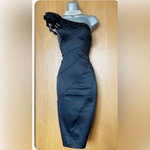 KAREN MILLEN Black Satin One Shoulder Ruffle dress